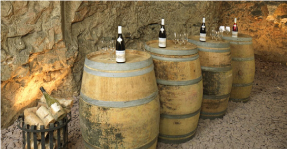 Bottles placed on top of barrels in the chalk mine